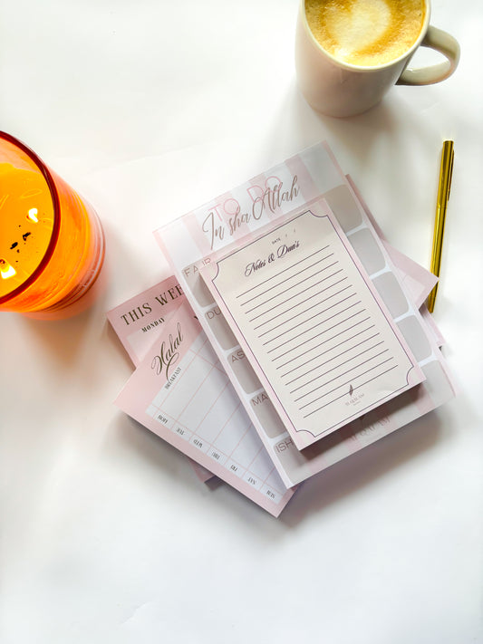 Barakah Bundle Pink Line Islamic Stationery Set with Weekly Planner, Halal Meal Planner, Salah Notepad, and Notes & Dua’s Notepad