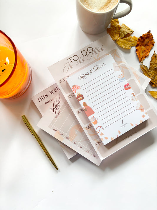 Barakah Bundle Fall Line – Islamic Stationery Set with Weekly Planner, Halal Meal Planner, Salah Notepad, and Notes & Dua’s Notepad