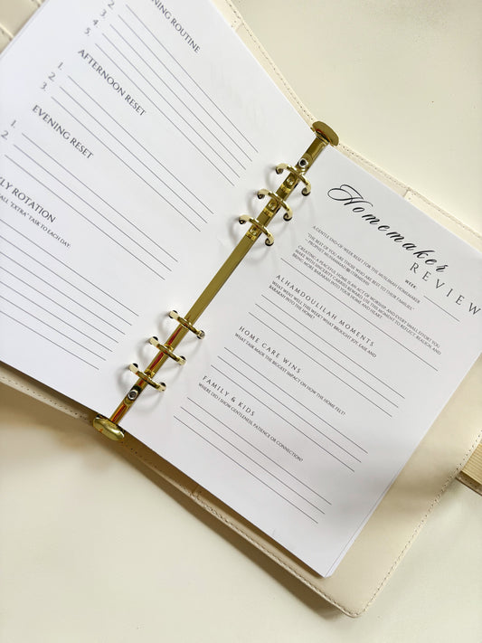 A5 homemaker weekly review insert with reflection questions for Muslim women – premium 120gsm paper