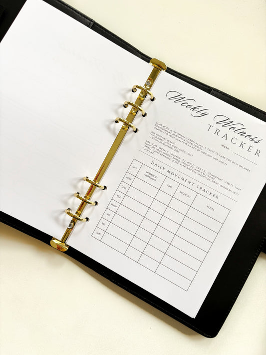 A5 weekly wellness tracker insert with workout, meals, water intake and reflection sections on premium 120gsm paper